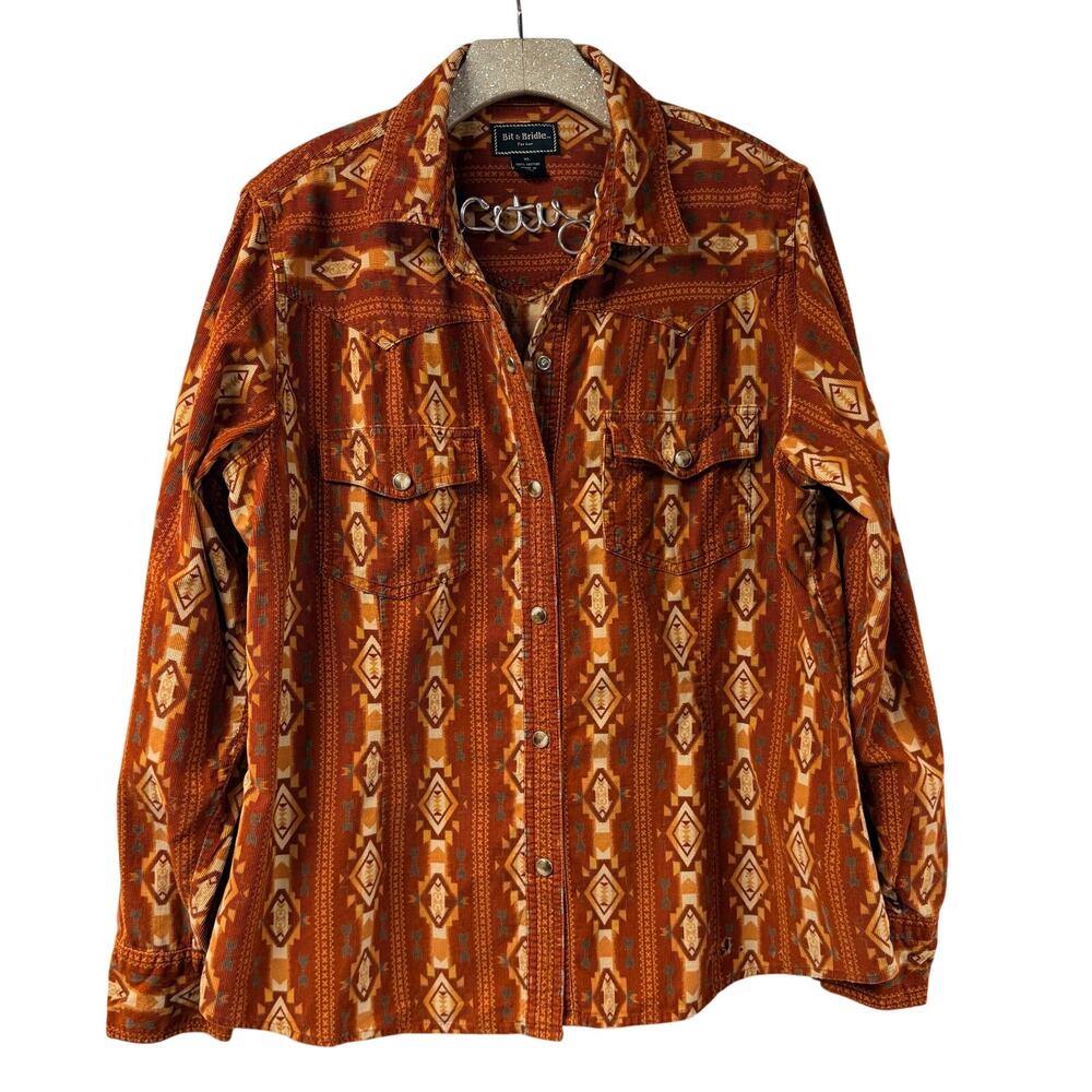 Bit & Bridle Corduroy Western Shirt PearlSnap XL Southwestern Warm Brown Pattern